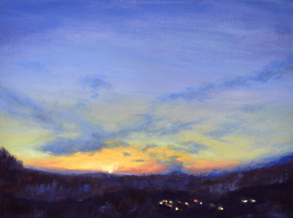 Breaking Dawn Original Oil Painting by Andrew Gaia. A prismatic sunrise breaks light over the mountains as the small town lights still glow in the shadows.