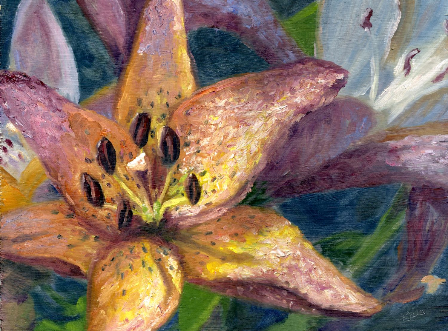 Mountain Lilies Oil Painting on Birch Board