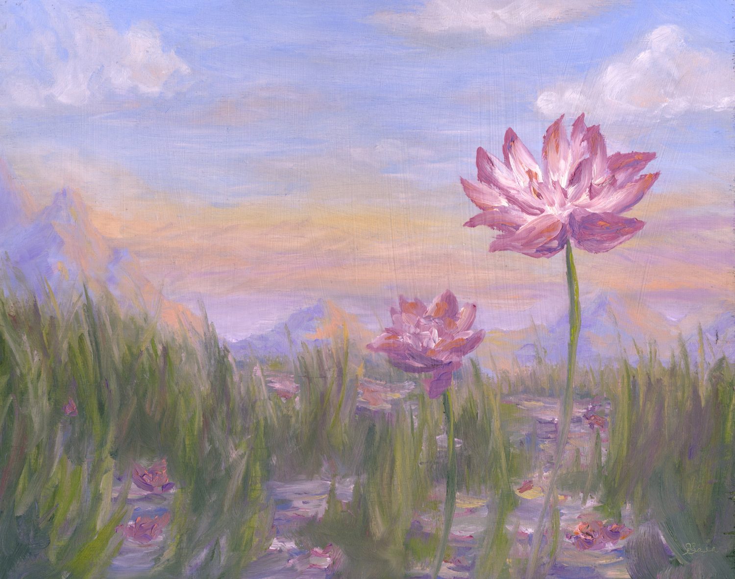 Pink Lotus Impressionist Landscape Oil Painting on Board