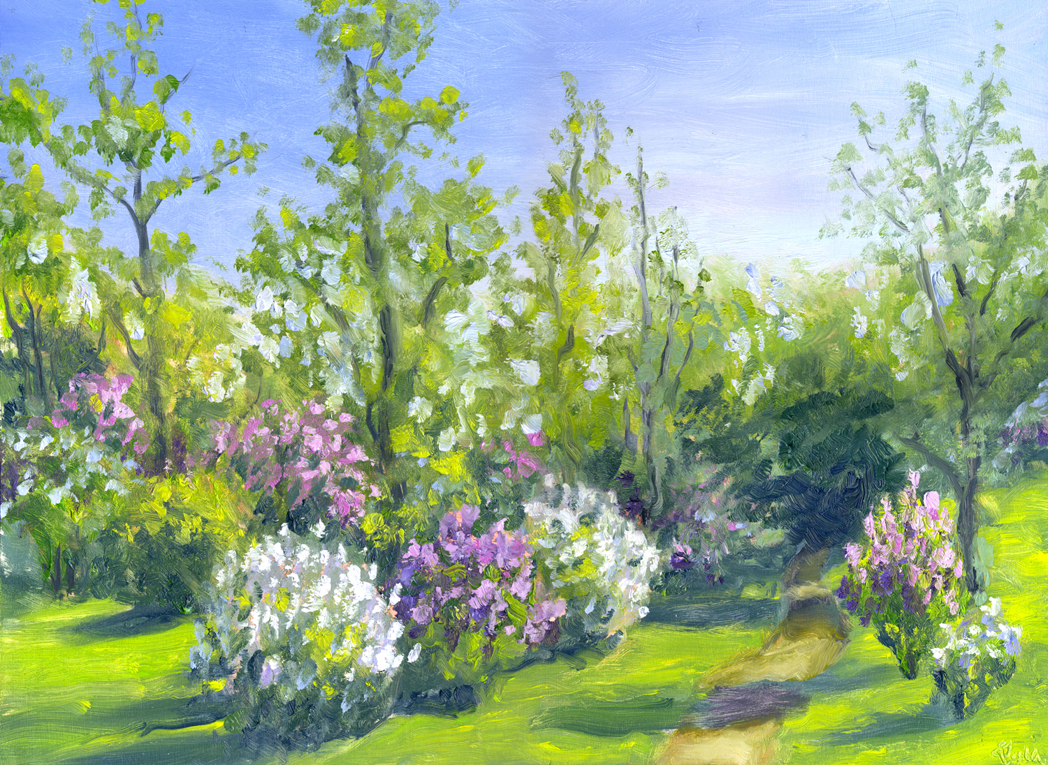 Lilac path origianl oil painting landscape on birch artwork